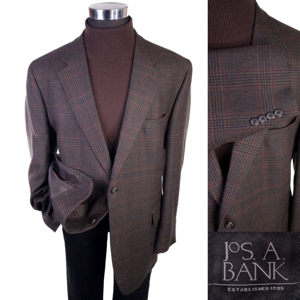 Jos A Bank Blazer Sport Coat Sz 48R Wool BROWN Plaid 2-Button Jacket